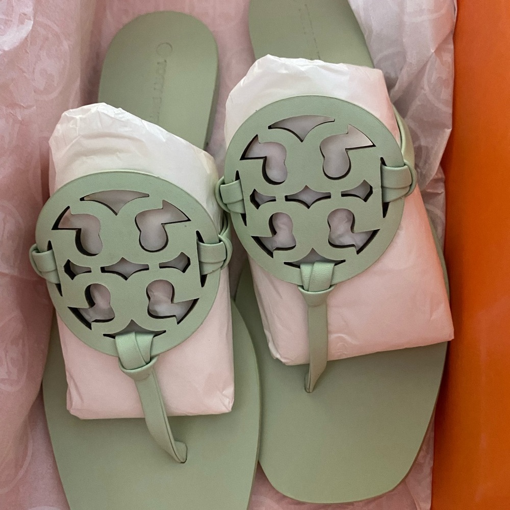 Tory Burch miller square toe leather sandals Mint Green/meadow mist